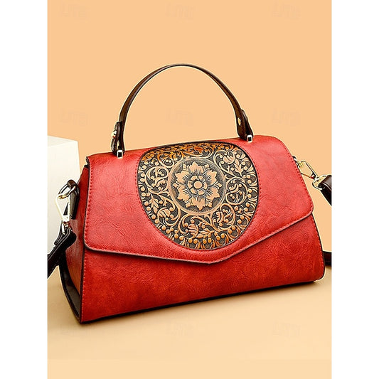 Floral – Faux Vintage Engraved Handbag Leather Women's