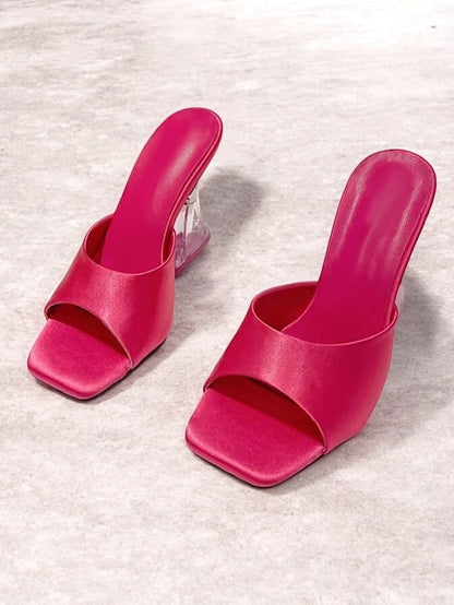 Open-Toe Heels Block with Mules Green Satin for Transparent