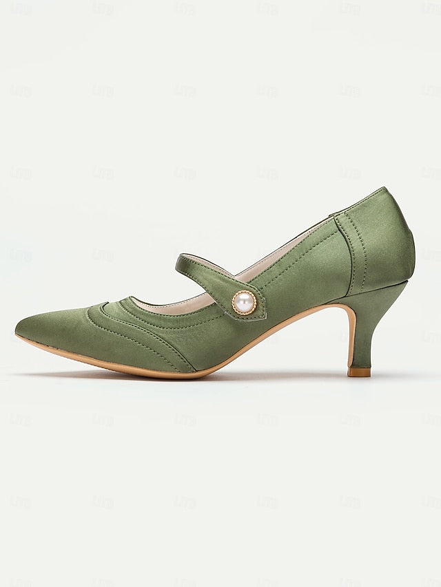 Pearl Button Mary Heels Green - Jane Elegant with Satin