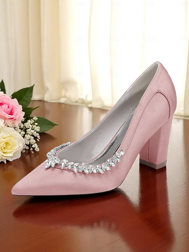 Women's Block Satin Wedding Heel Pumps Pink