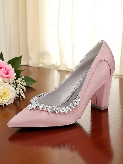 Women's Block Satin Wedding Heel Pumps Pink