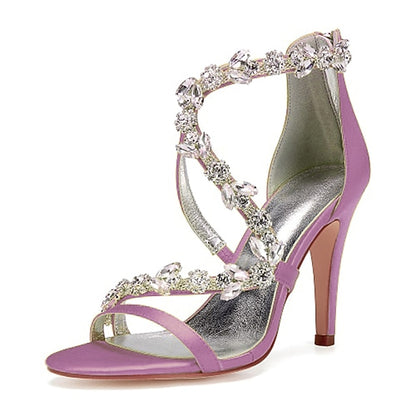 High Women's Floral Pink Rhinestone Sandals Heel with Satin