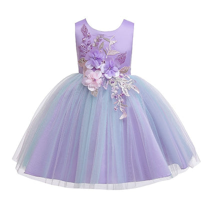 Girls' Kids Party Blushing Floral Lace Blue Dress Purple