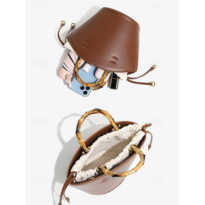 Bamboo with Leather Bag Handle Women's Bucket Brown