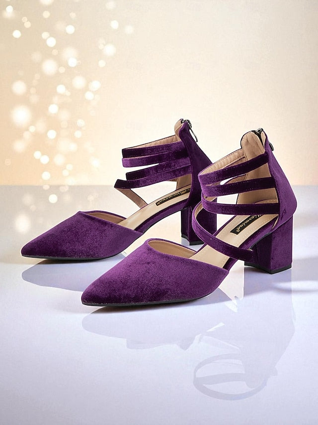 Women's Velvet Toe with Pumps Block Heel Blue Pointed