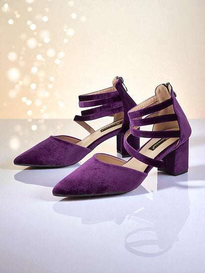 Women's Velvet Toe with Pumps Block Heel Blue Pointed