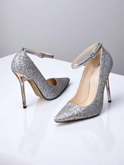 Pointed – Women's Stiletto Gold Glitter Sparkly Heels Toe
