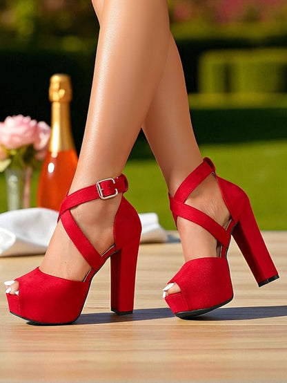 Suede Strap - Peep Red Women's Sandals Toe Platform Cross