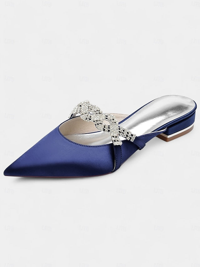 - Rhinestone with Heels Satin Pointed-Toe Mule Blue Detailing