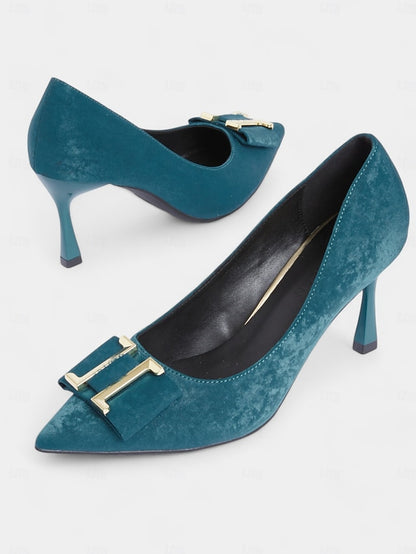 Elegant Toe Teal Kitten Velvet Heel Pointed Women's Pumps -