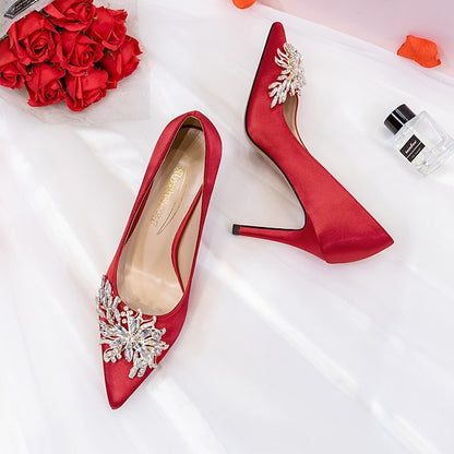 Rhinestone Women's Elegant – Pink Satin High Heels
