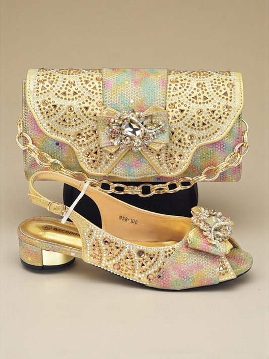 Gold Slingback and Heels Matching Rhinestone Women's Clutch