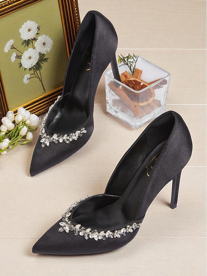 with Embellishment Toe Women's Crystal Heels Pointed Satin