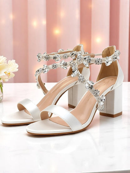 Satin Heel Sandals Block Pink Straps Women's with Crystal