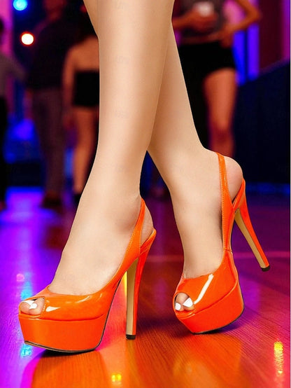 PU Patent Stiletto Women's Platform Orange Heels Leather