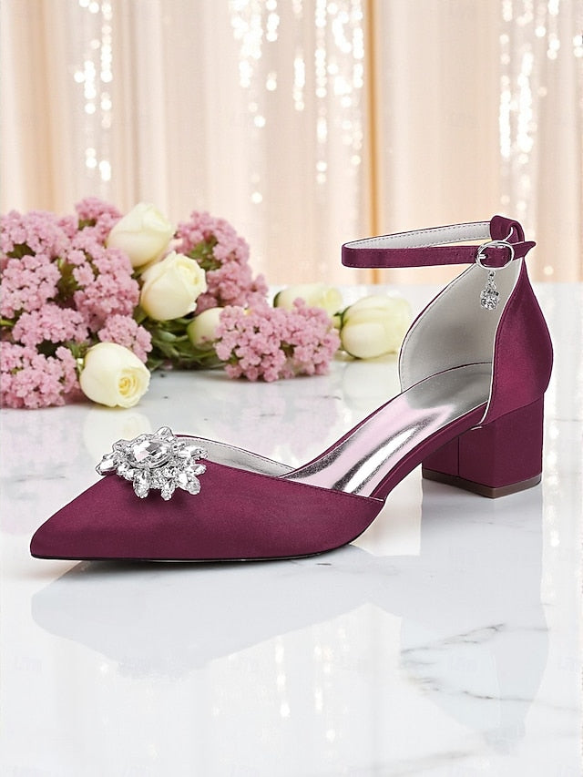 Satin Women's Shoes with Heel Burgundy Block Wedding