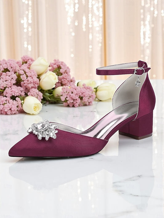 Satin Women's Shoes with Heel Burgundy Block Wedding