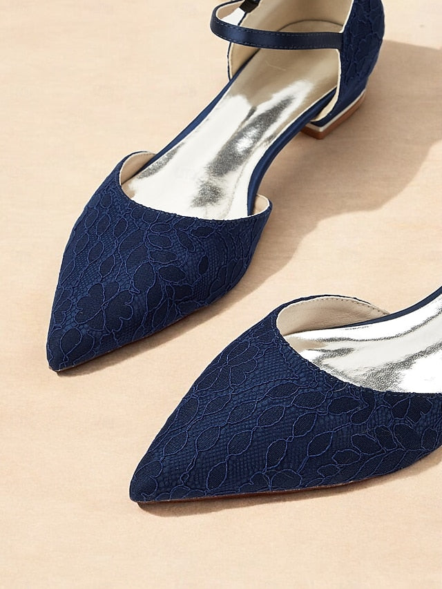 Women's Ankle with Blue Lace Strap Flats Navy and Pointed