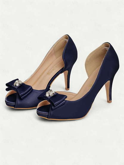 Peep and Heels Bow Women's Satin with Champagne Toe