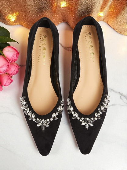 Toe Suede Pointed Rhinestone Women's with Flats Black
