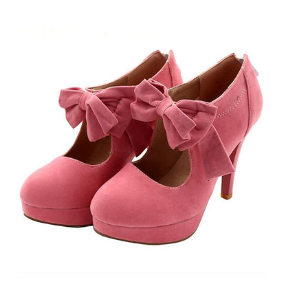 Heel Bow High Suede Platform Vintage – Red Pumps Women's