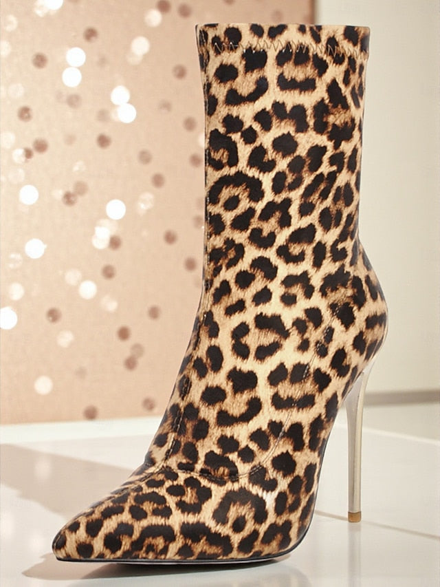Print Pointed Ankle Leopard Sexy Boots Stiletto - Women's