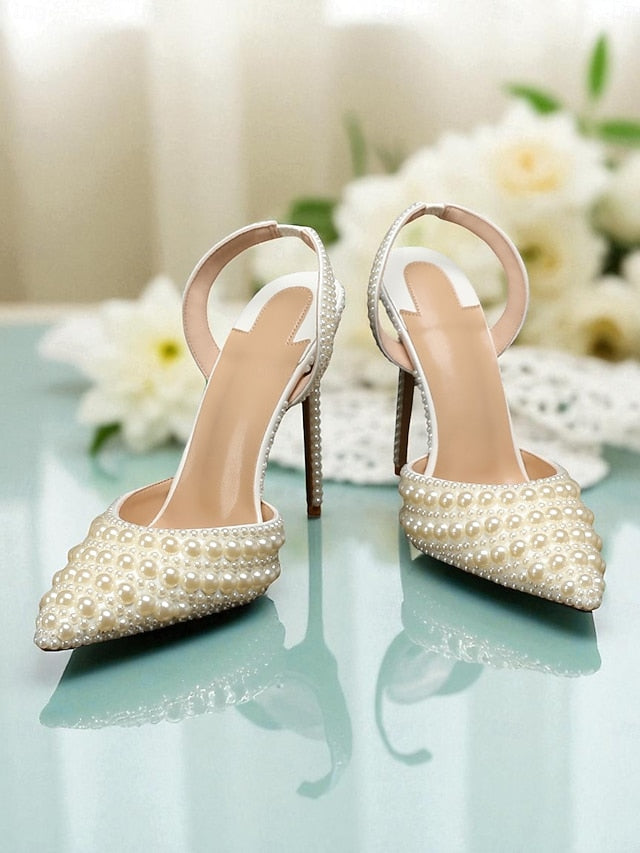 White - Pearl-Embellished Women's Slingback Leather Heels