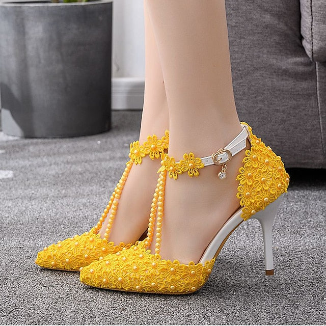 Bridal Lace Shoes Wedding Women's High Pointed Heel