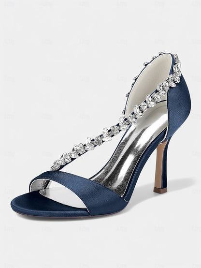 with High T-Strap Champagne Crystal – Women's Heels Satin