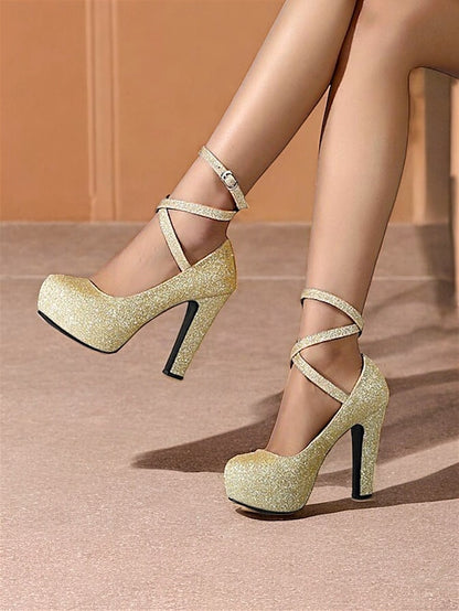 – Women's Heels Platform with Strap Pink Glitter Ankle