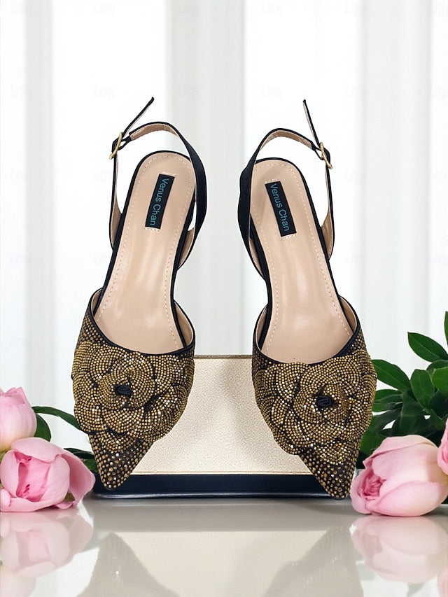 Matching Pumps Women's Gold Slingback with Rhinestone