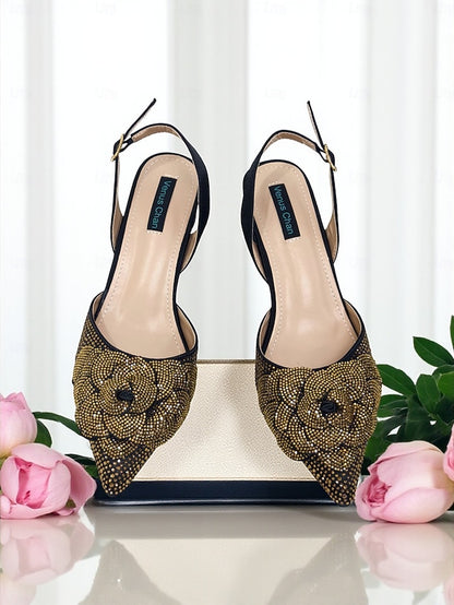 with Matching Rhinestone Gold Pumps Slingback Women's