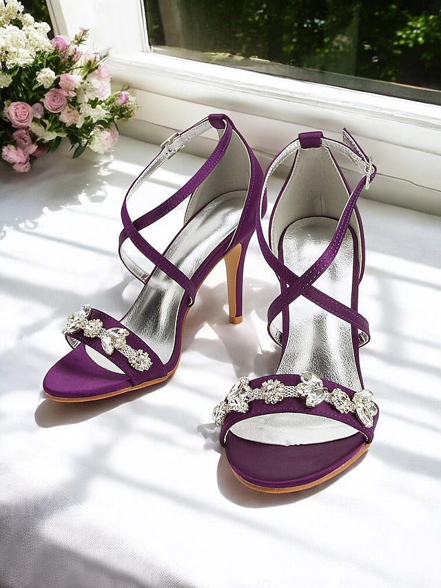 with Women's Heels Satin Rhinestone Purple Stiletto Straps