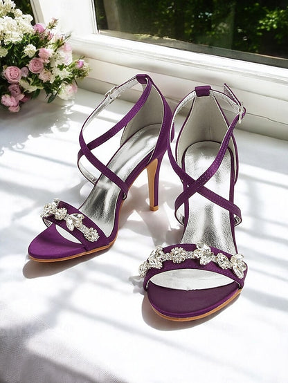 with Women's Heels Satin Rhinestone Purple Stiletto Straps