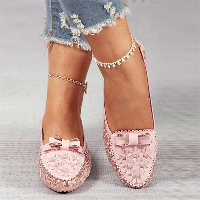 Flats Floral - Women's Lace with Bow and Details Pink