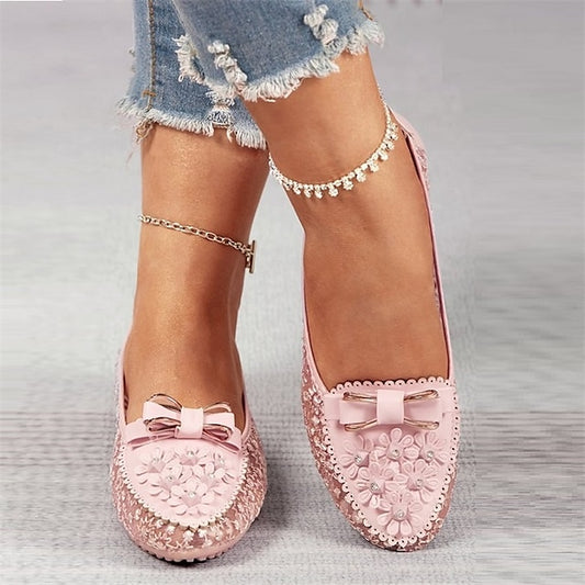 Flats Floral - Women's Lace with Bow and Details Pink