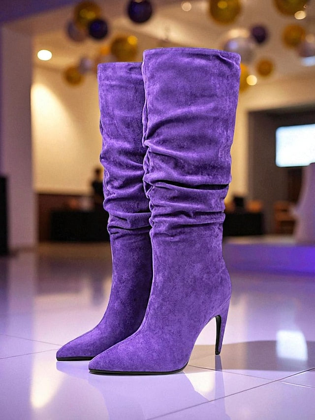 Boots Toe Velvet Pointed - Green Slouch Women's High Knee