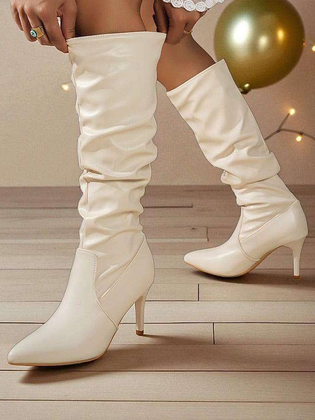 Women's Leather Pointed Boots High - Faux Brown Toe Knee