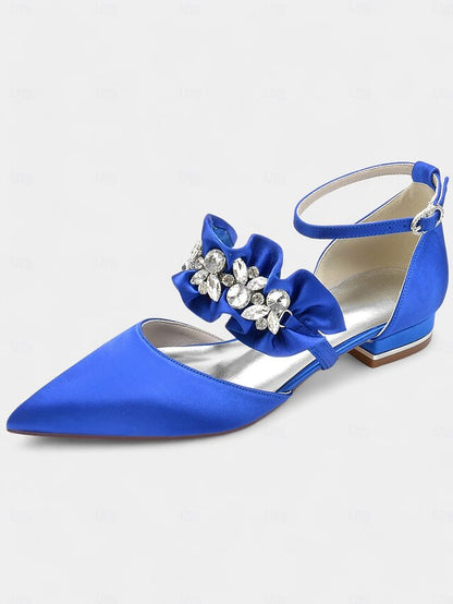 Satin Pointed-Toe with Women's Black Rhinestone Flats