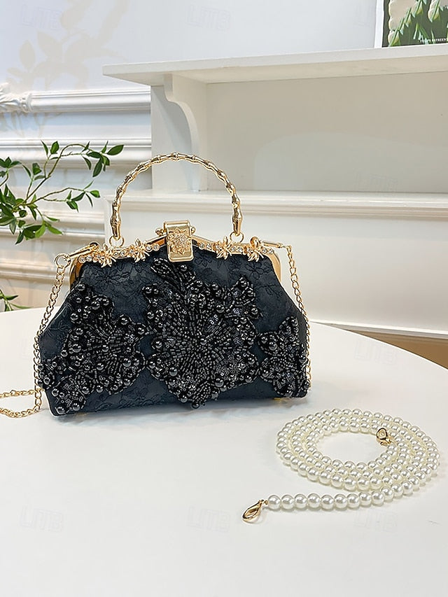 Handbag and Floral White Pearl Evening Elegant Lace with