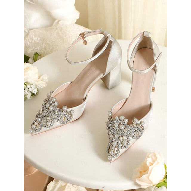 Embellished Rhinestone Block Pearl Women's Heel and Wedding