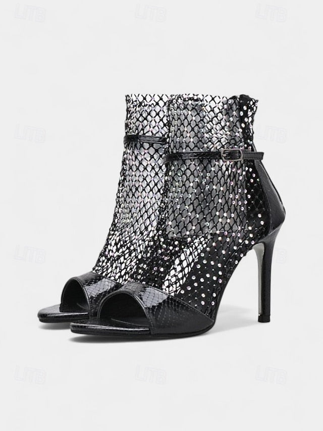 Gold – Sandals Glitter Mesh Open-Toe Stiletto Women's