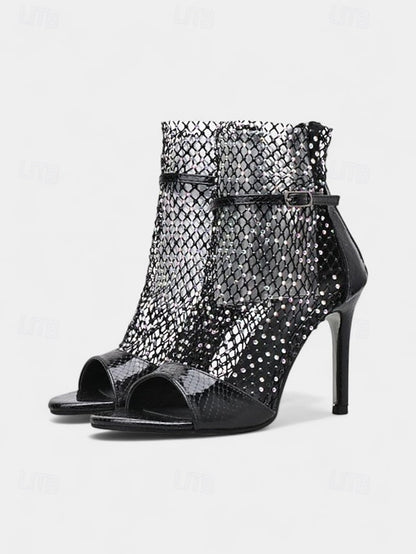 Gold – Sandals Glitter Mesh Open-Toe Stiletto Women's