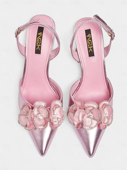 Toe Heels with Satin Floral Pink Pointed Women's