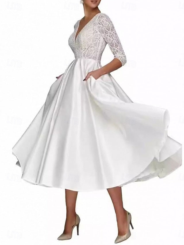 Tea A-Line Dress Elegant V Mother of the Simple Neck Bride