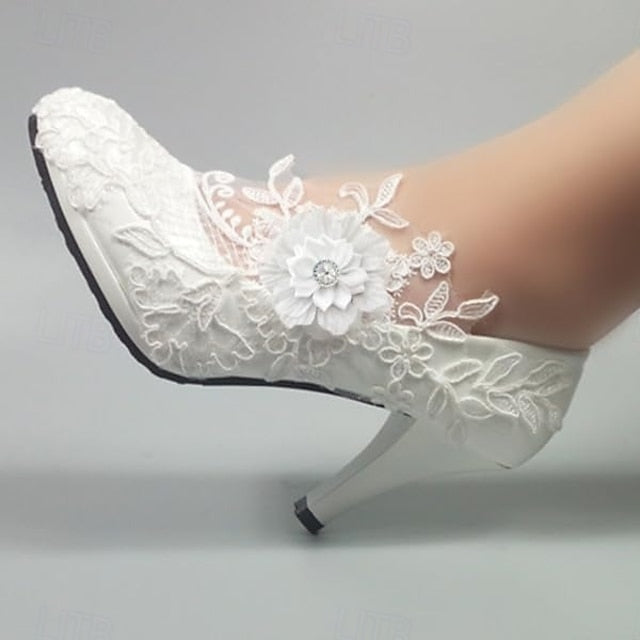 White Elegant – Bridal Lace Wedding Heels Floral Women's