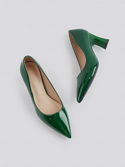 Heel Green Leather Faux Glossy Patent Pumps Pointed-Toe Block