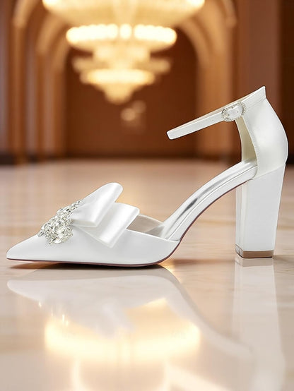 Bow Pumps with and Heel Satin Crystal Women's Block
