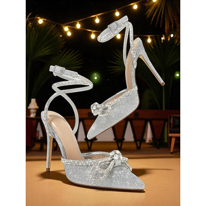 Rhinestone with Satin Heels Women's and Black Bow Stiletto