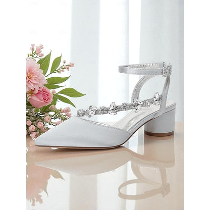 Satin Rhinestone Purple Women's Block with Heel Pumps